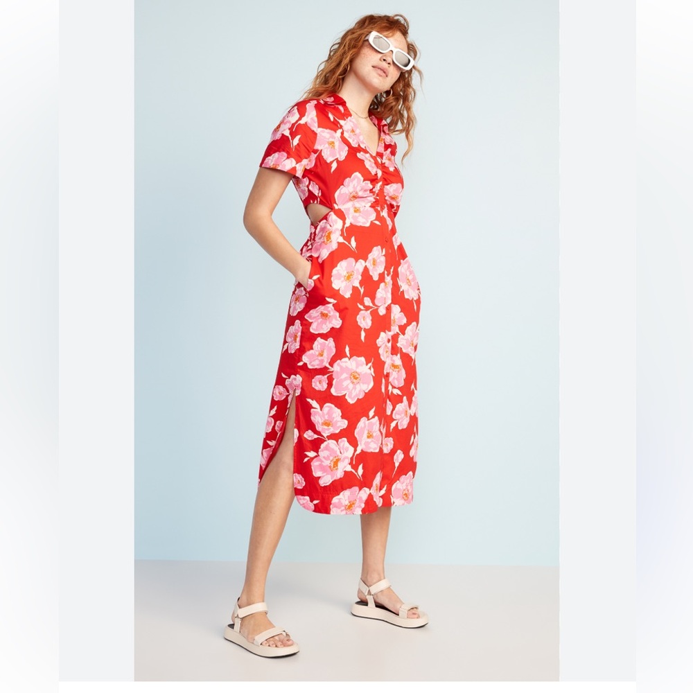 Old Navy Pink Floral with Cutouts Midi Shirt Dress Sz XL - Picture 2 of 12